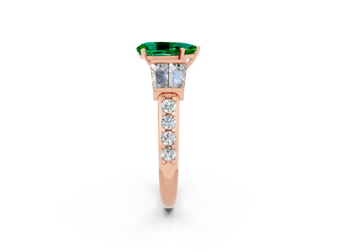 Rose gold Pear Cut Emerald Engagement Ring with Baguette Side Stones and Channel Set Band_2