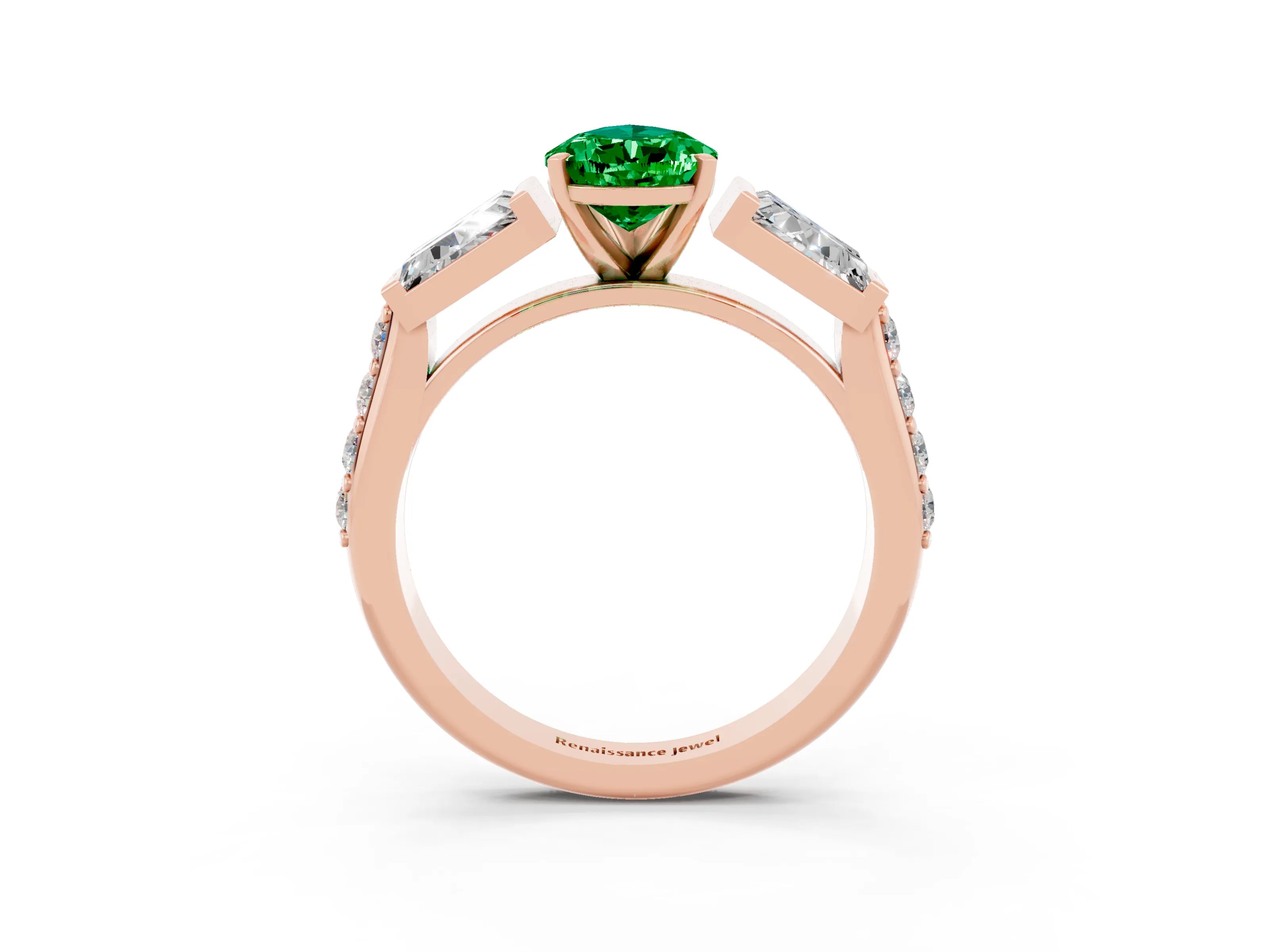 Rose gold Pear Cut Emerald Engagement Ring with Baguette Side Stones and Channel Set Band_3