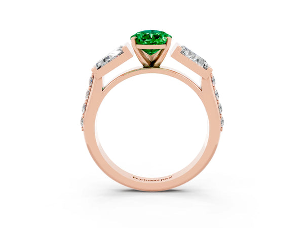Rose gold Pear Cut Emerald Engagement Ring with Baguette Side Stones and Channel Set Band