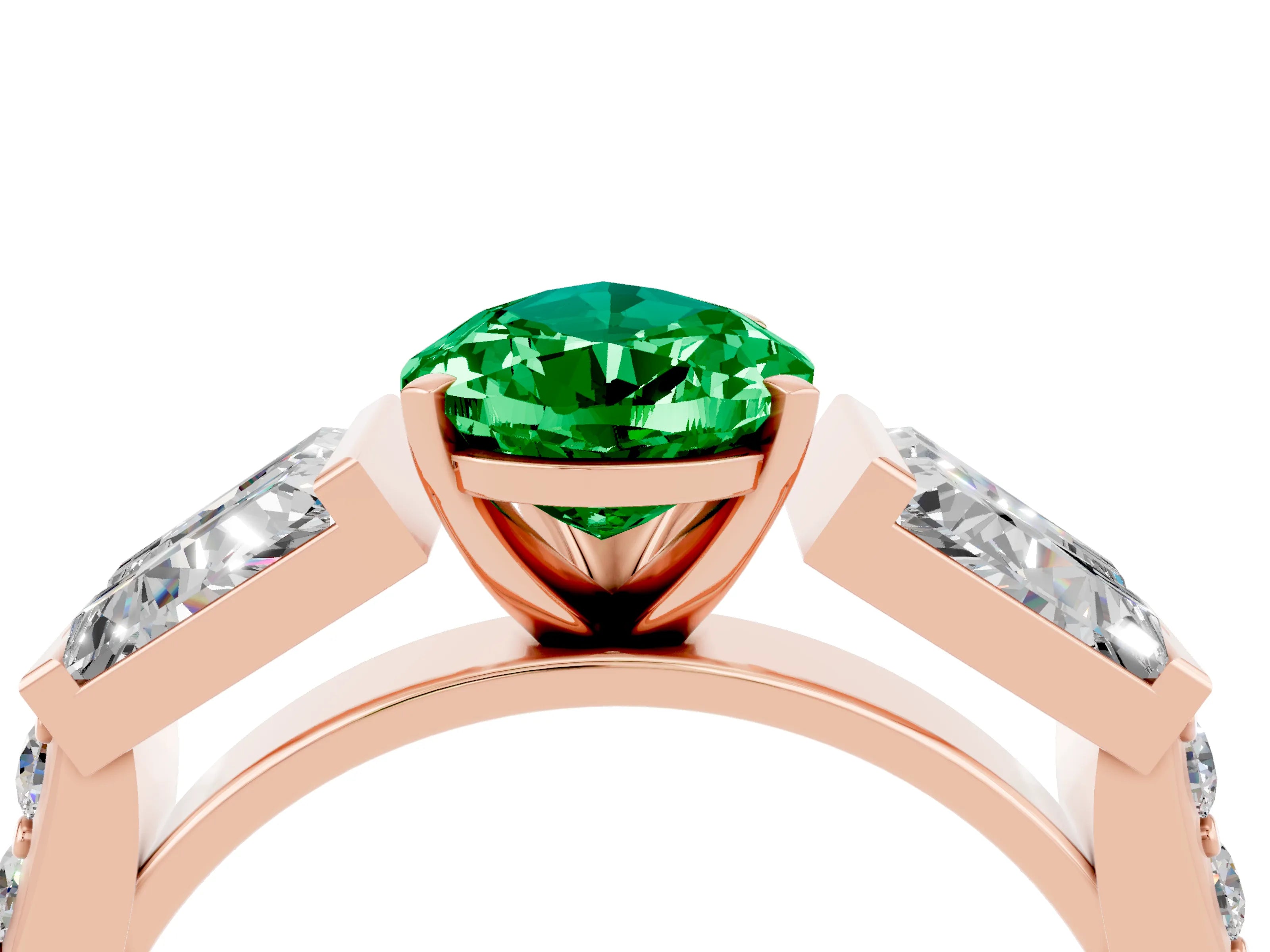 Rose gold Pear Cut Emerald Engagement Ring with Baguette Side Stones and Channel Set Band_4
