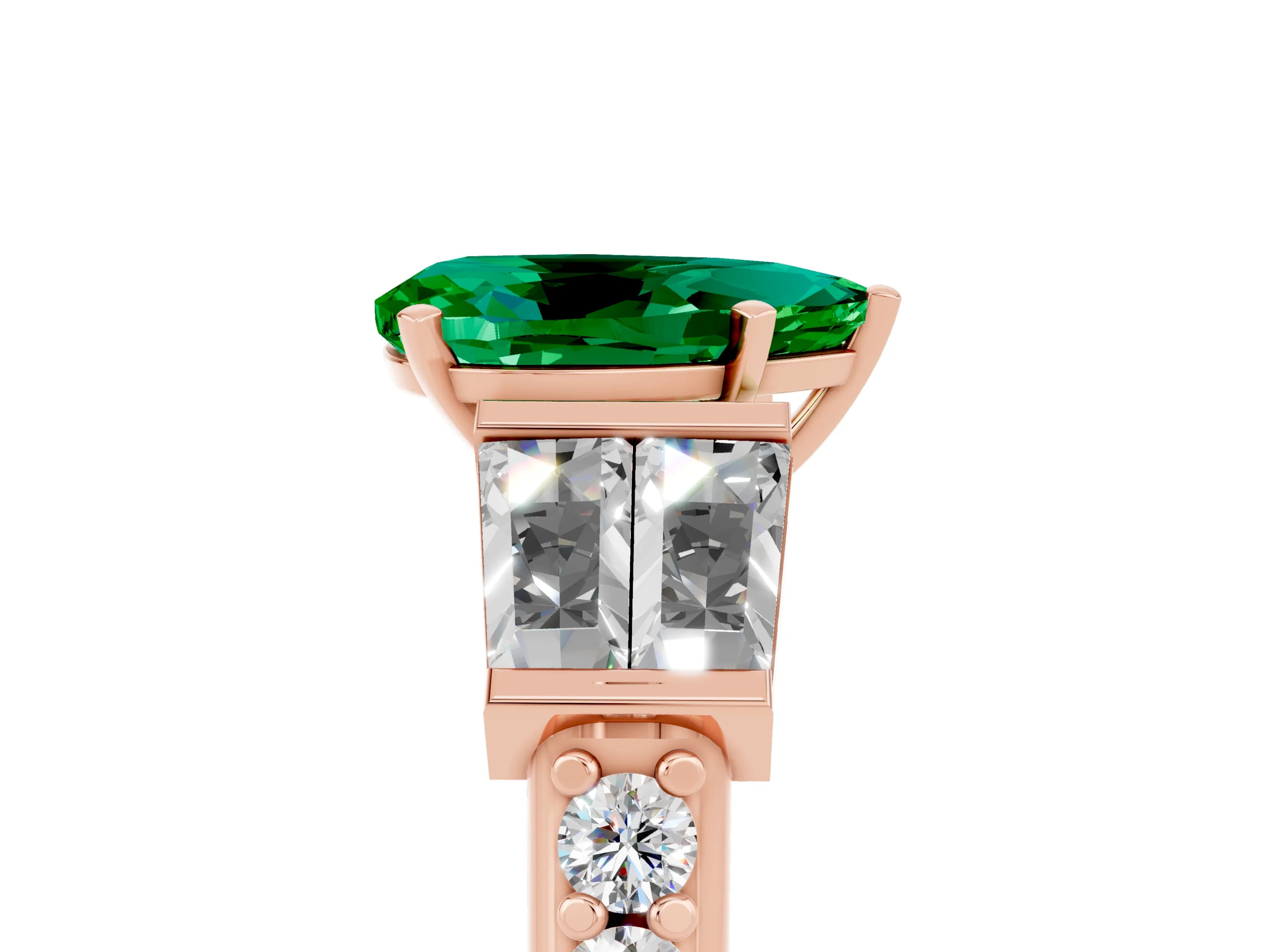 Rose gold Pear Cut Emerald Engagement Ring with Baguette Side Stones and Channel Set Band_5