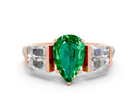 Rose gold Pear Cut Emerald Engagement Ring with Baguette Side Stones and Channel Set Band
