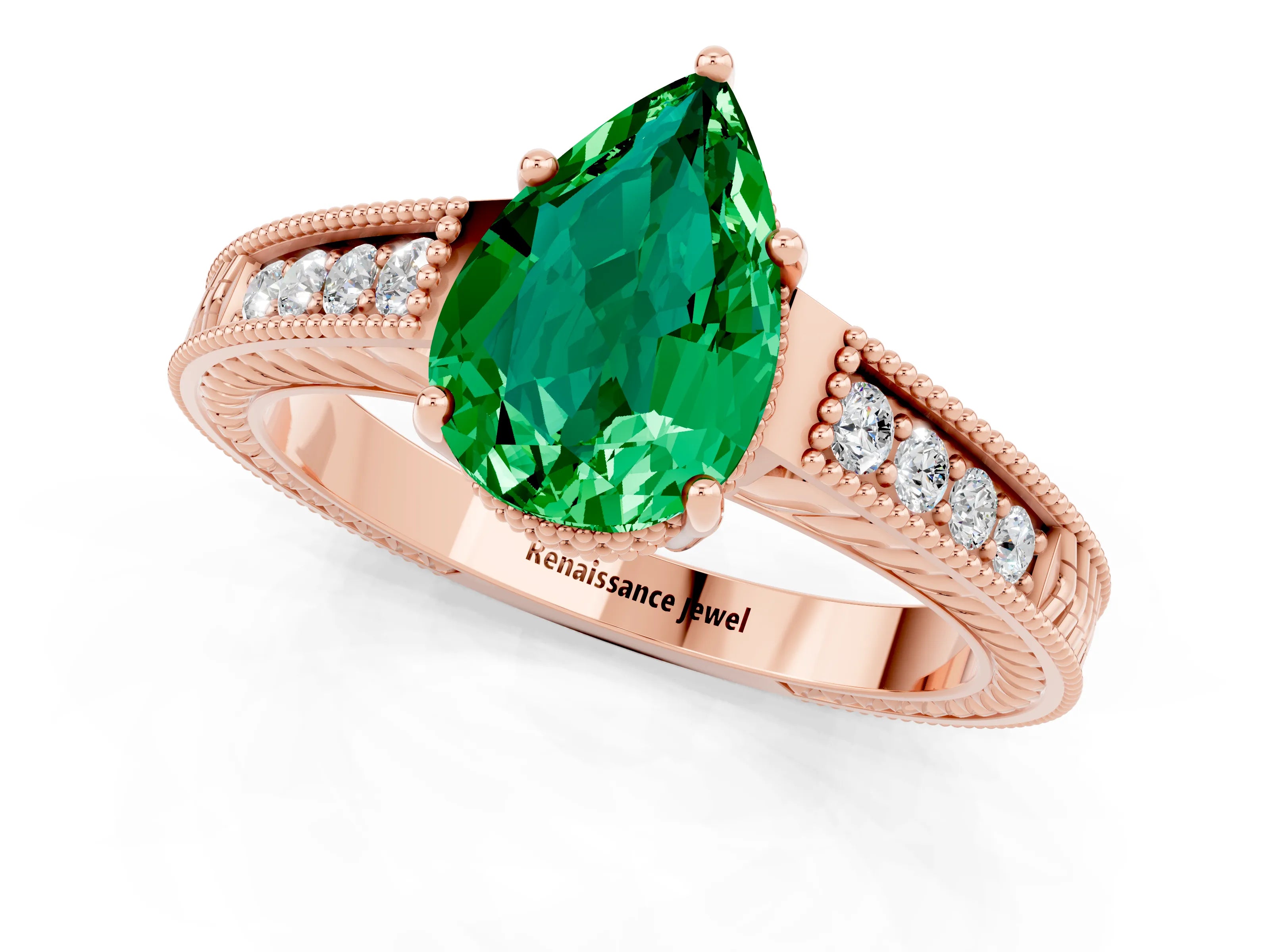 Rose gold Pear Cut Emerald Engagement Ring with Milgrain Channel Set Band and Prong Setting_1