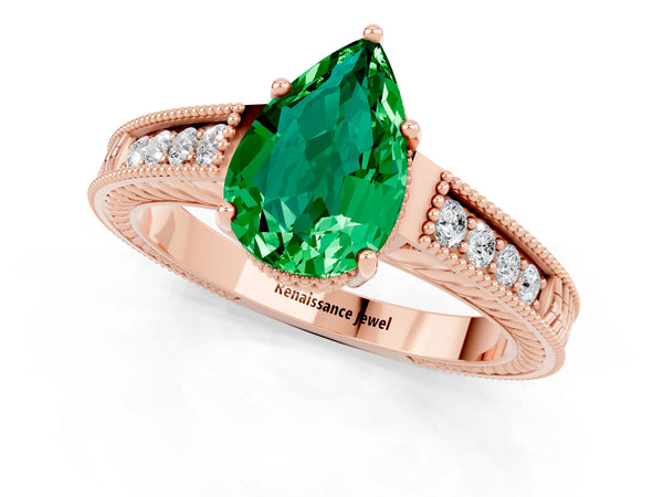 Rose gold Pear Cut Emerald Engagement Ring with Milgrain Channel Set Band and Prong Setting