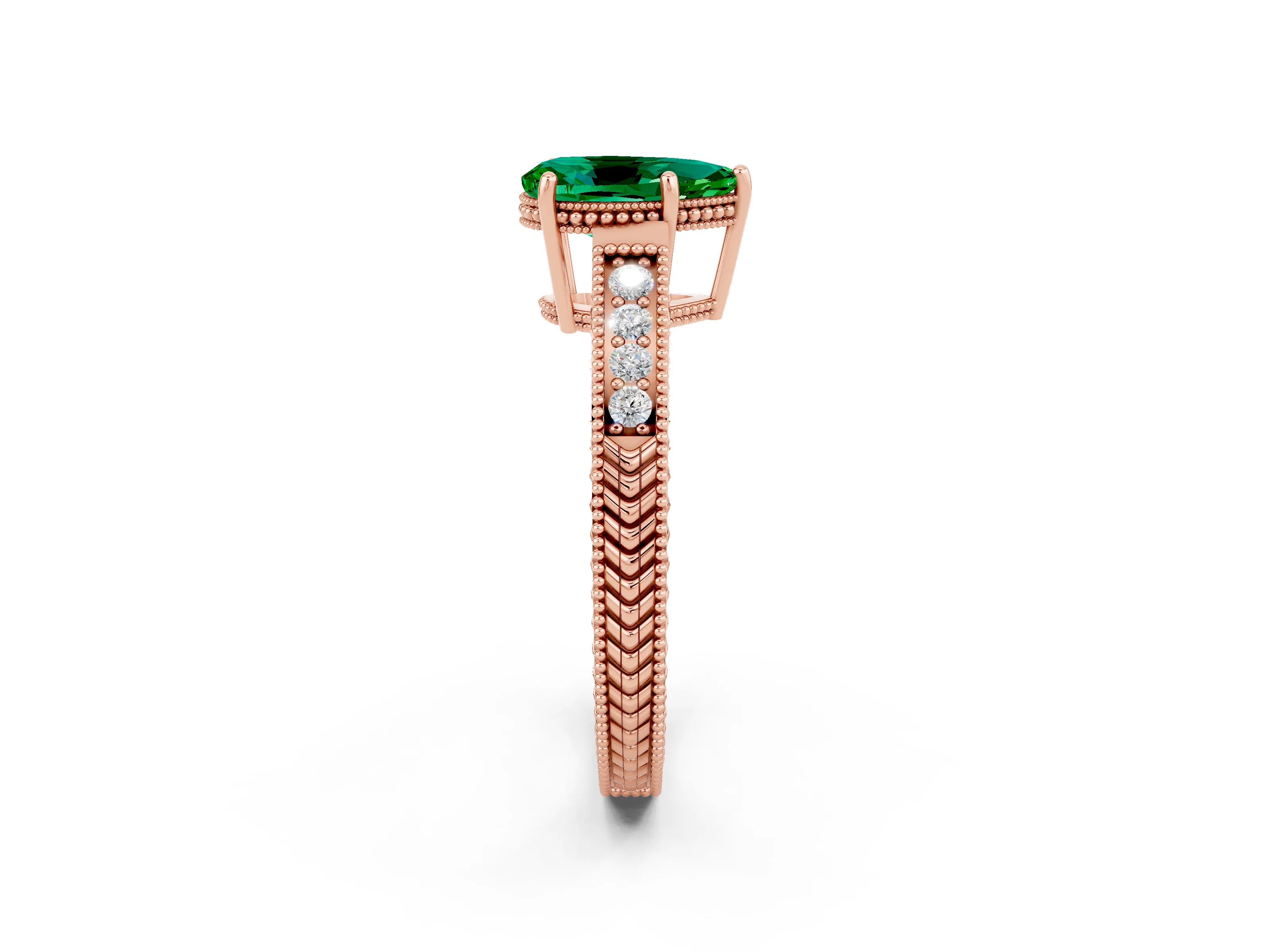 Rose gold Pear Cut Emerald Engagement Ring with Milgrain Channel Set Band and Prong Setting_2