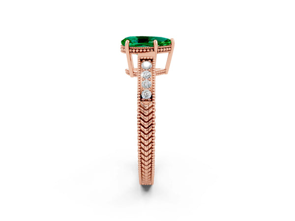 Rose gold Pear Cut Emerald Engagement Ring with Milgrain Channel Set Band and Prong Setting