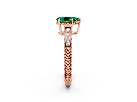 Rose gold Pear Cut Emerald Engagement Ring with Milgrain Channel Set Band and Prong Setting_2