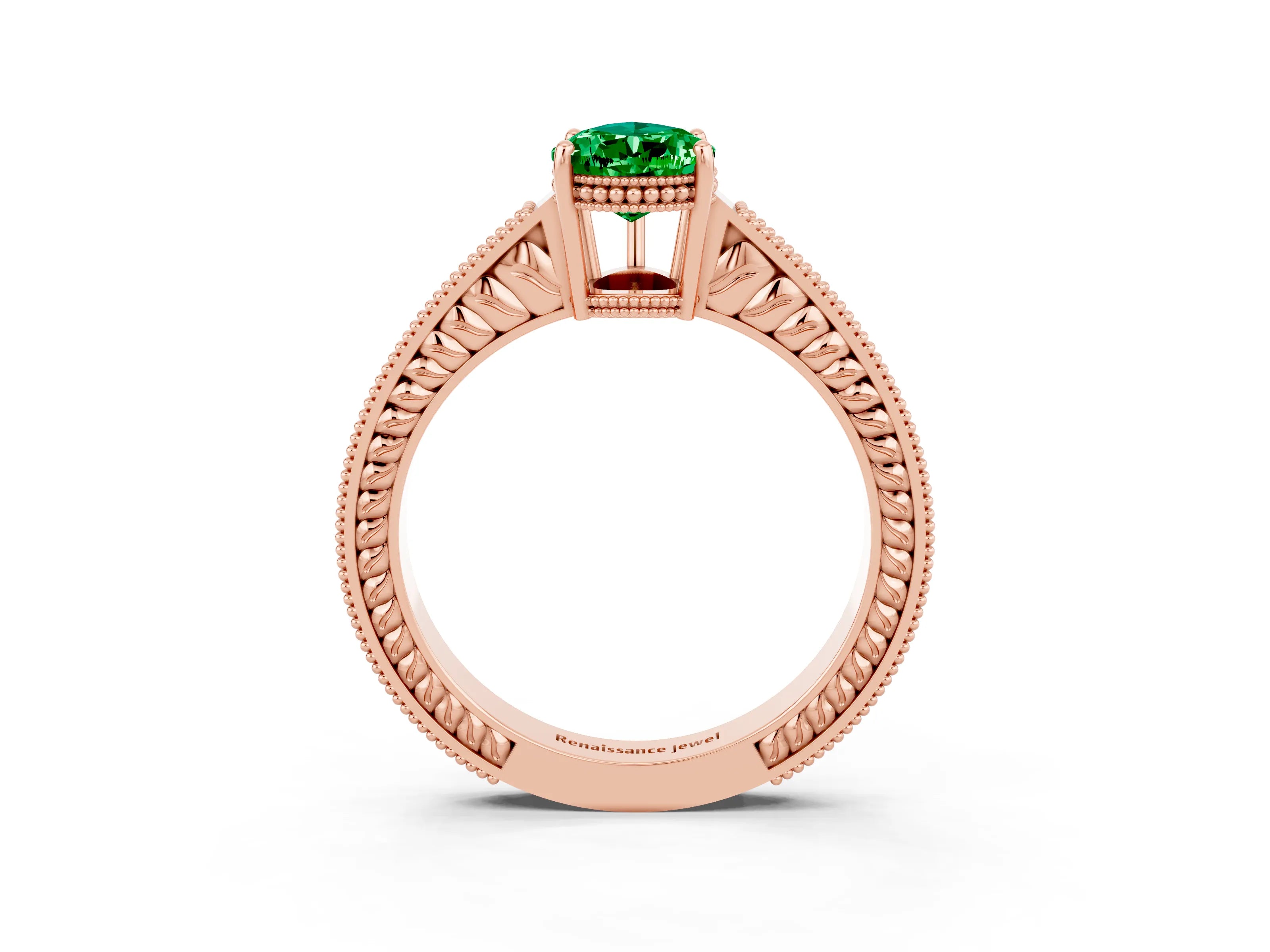Rose gold Pear Cut Emerald Engagement Ring with Milgrain Channel Set Band and Prong Setting_3