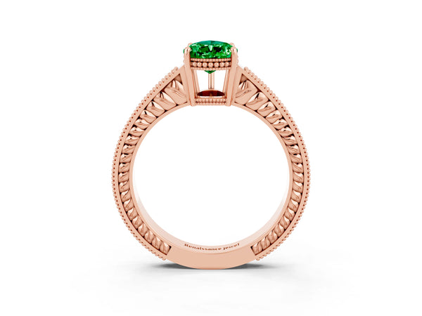 Rose gold Pear Cut Emerald Engagement Ring with Milgrain Channel Set Band and Prong Setting