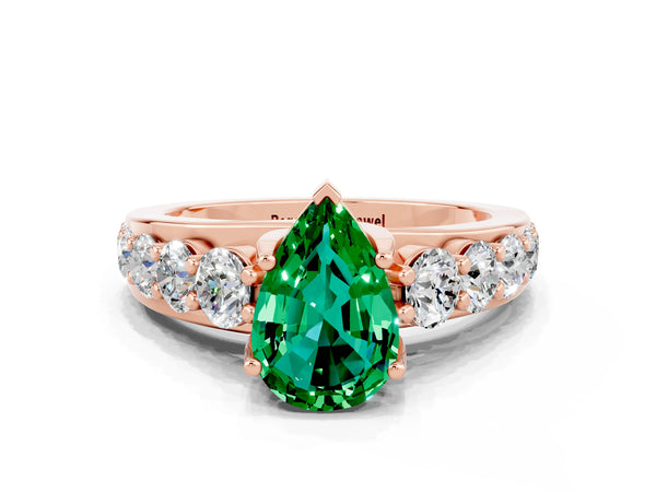 Rose gold Pear Cut Emerald Engagement Ring with Pavé Band and Four-Prong Setting