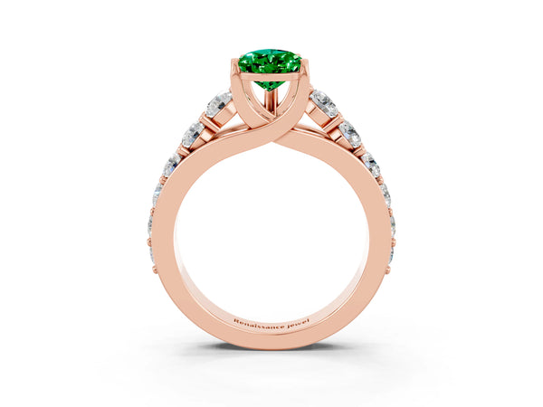 Rose gold Pear Cut Emerald Engagement Ring with Pavé Band and Four-Prong Setting