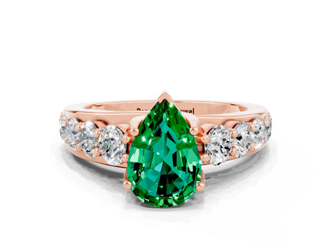 Rose gold Pear Cut Emerald Engagement Ring with Pavé Band and Four-Prong Setting