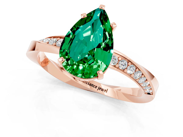 Rose gold Pear Cut Emerald Engagement Ring with Side Stone Accents and Four-Prong Setting