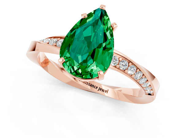 Rose gold Pear Cut Emerald Engagement Ring with Side Stone Accents and Four-Prong Setting