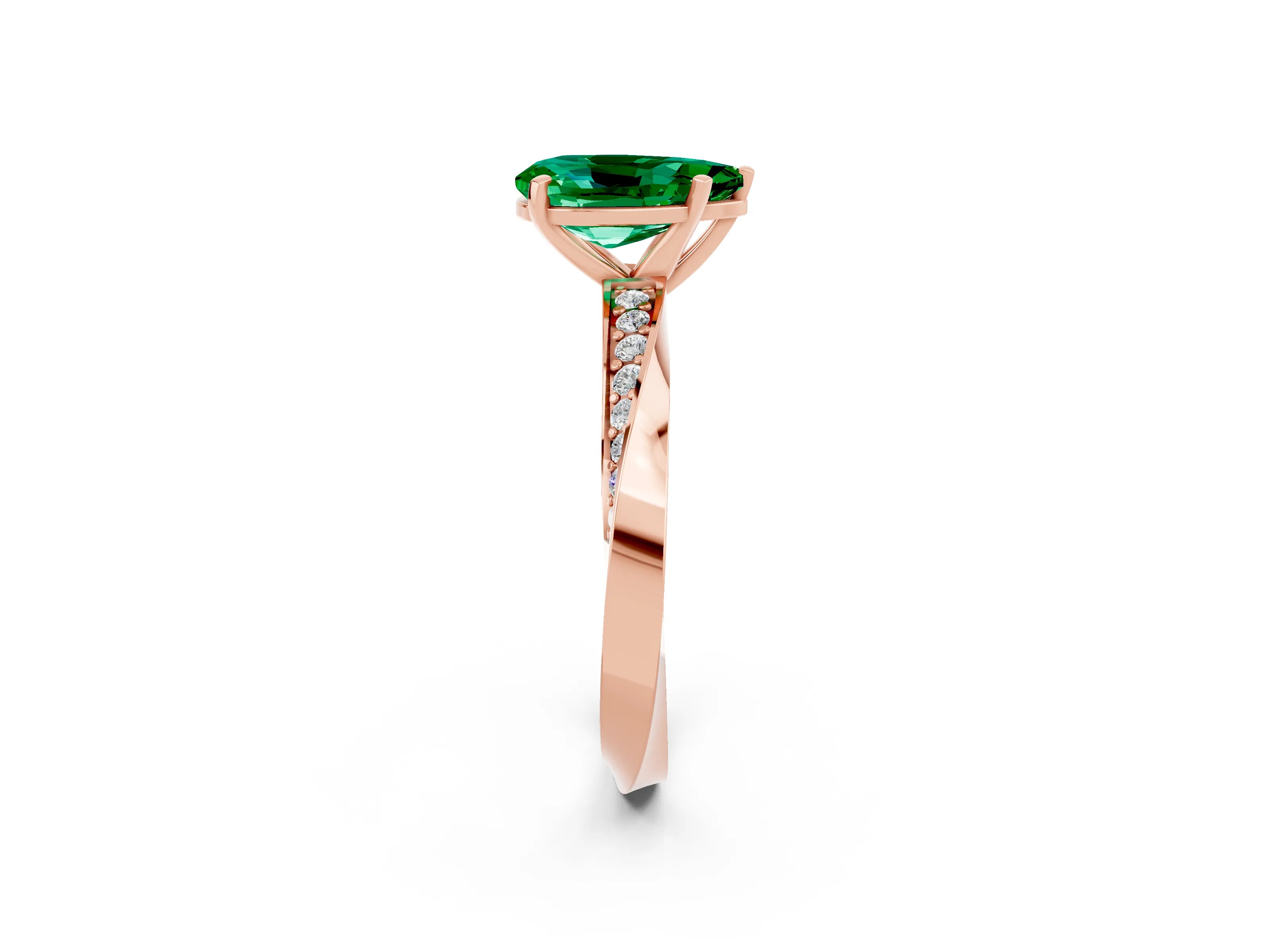 Rose gold Pear Cut Emerald Engagement Ring with Side Stone Accents and Four-Prong Setting_29