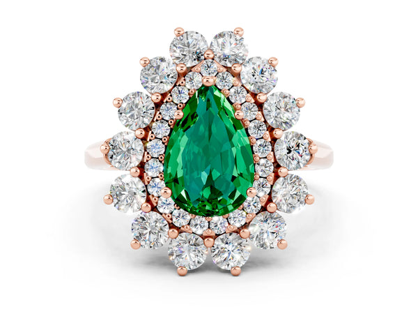 Rose gold Pear Cut Emerald Floral Double Halo Engagement Ring with Prong Setting