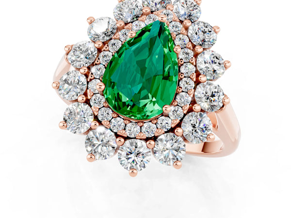 Rose gold Pear Cut Emerald Floral Double Halo Engagement Ring with Prong Setting