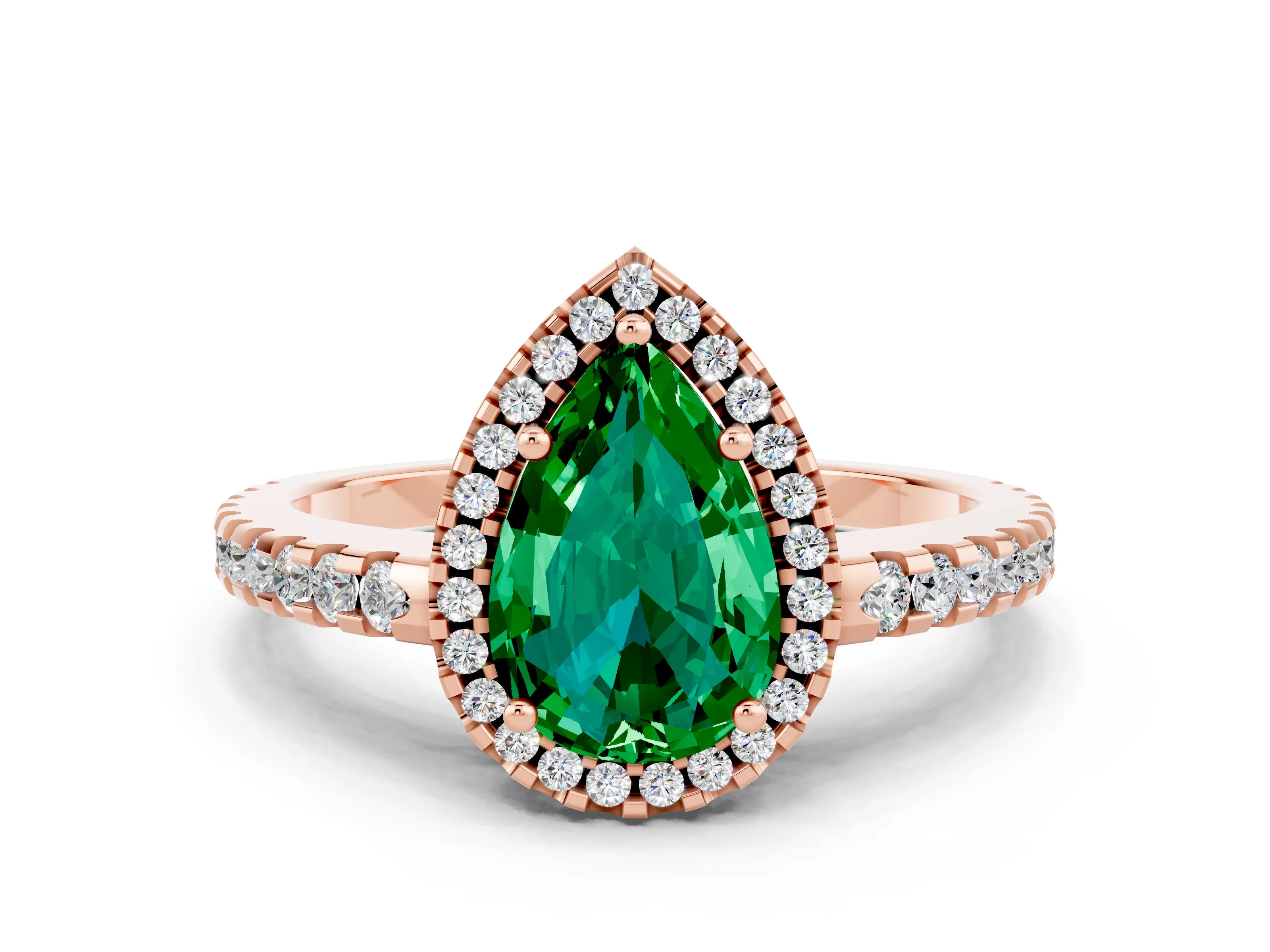 Rose gold Pear Cut Emerald Halo Engagement Ring with Pavé Band and Prong Setting_12