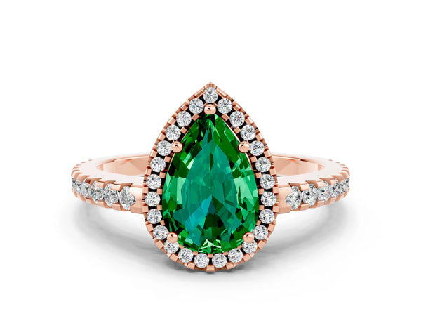 Rose gold Pear Cut Emerald Halo Engagement Ring with Pavé Band and Prong Setting
