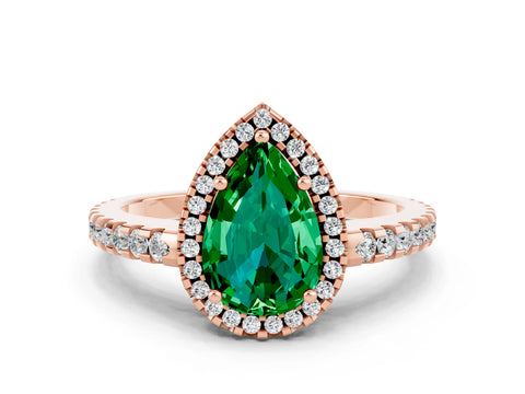 Rose gold Pear Cut Emerald Halo Engagement Ring with Pavé Band and Prong Setting_12