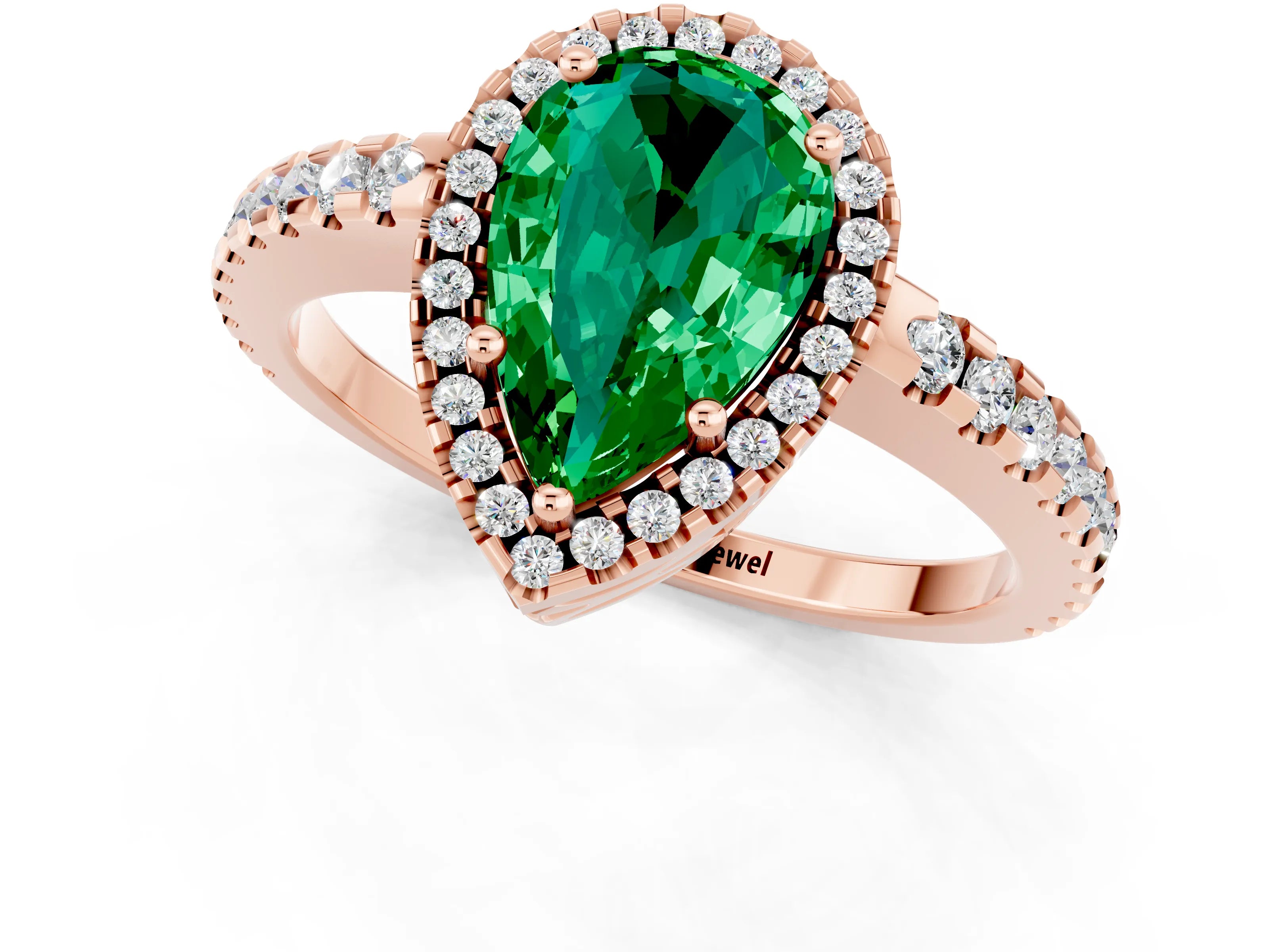 Rose gold Pear Cut Emerald Halo Engagement Ring with Pavé Band and Prong Setting_13