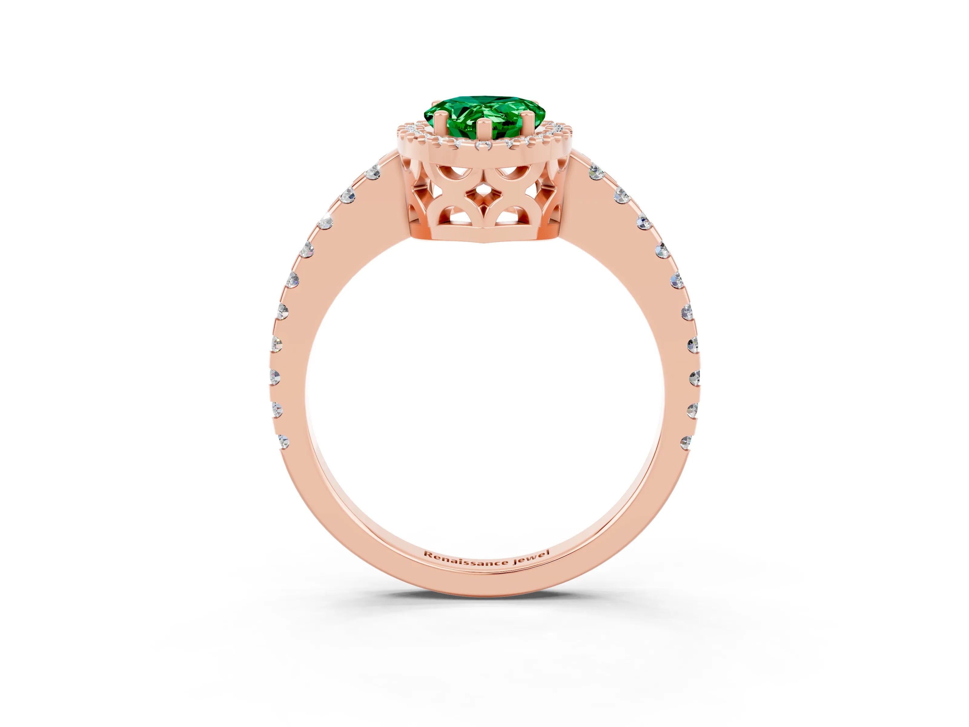 Rose gold Pear Cut Emerald Halo Engagement Ring with Pavé Band and Prong Setting_15