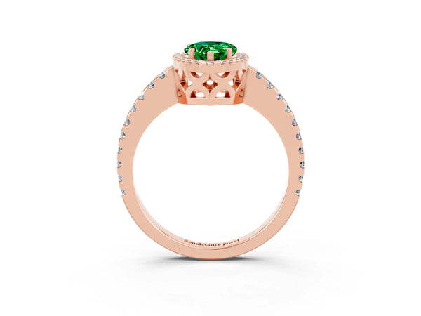 Rose gold Pear Cut Emerald Halo Engagement Ring with Pavé Band and Prong Setting
