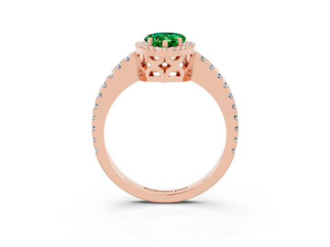 Rose gold Pear Cut Emerald Halo Engagement Ring with Pavé Band and Prong Setting_15