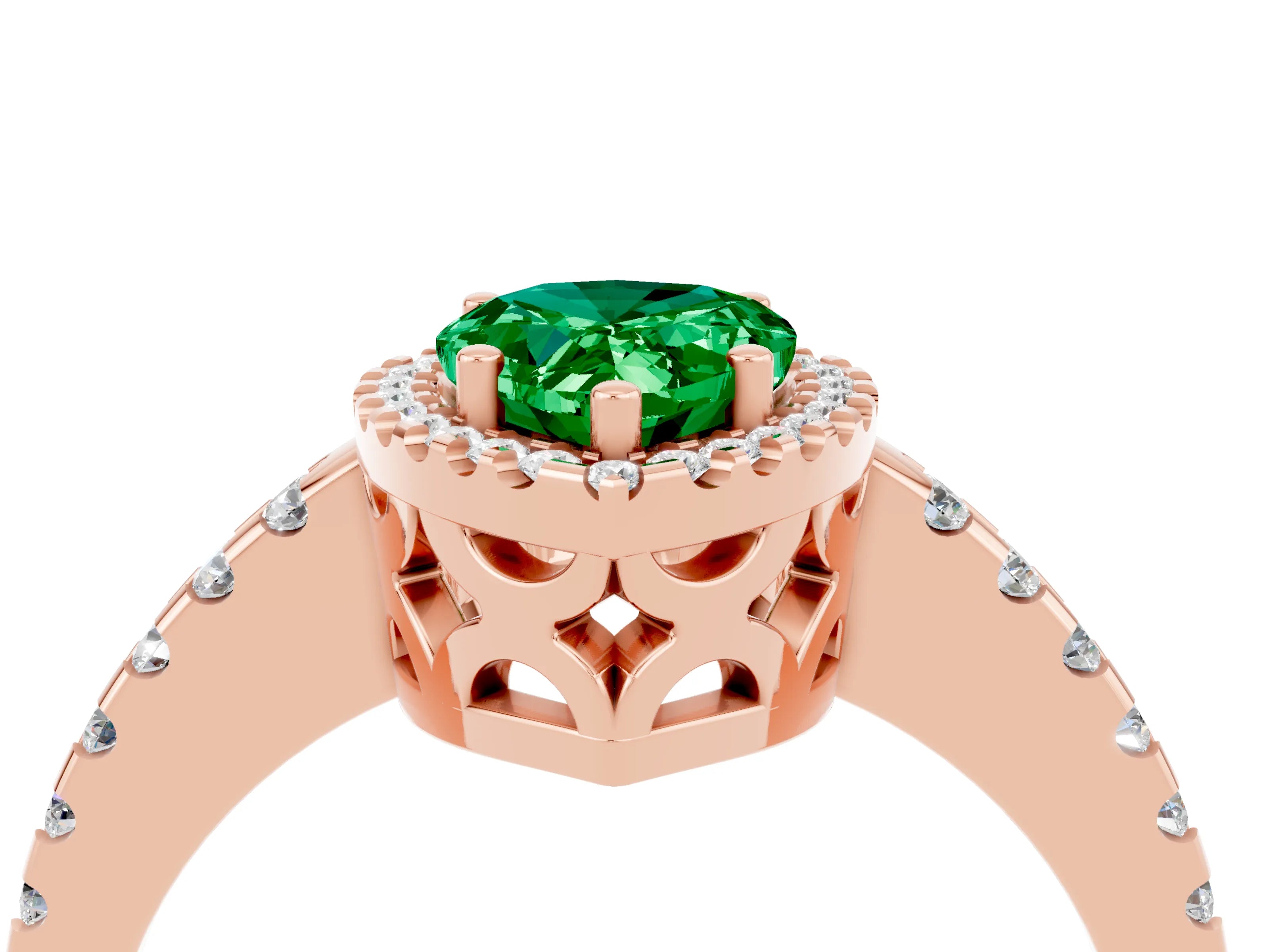 Rose gold Pear Cut Emerald Halo Engagement Ring with Pavé Band and Prong Setting_16
