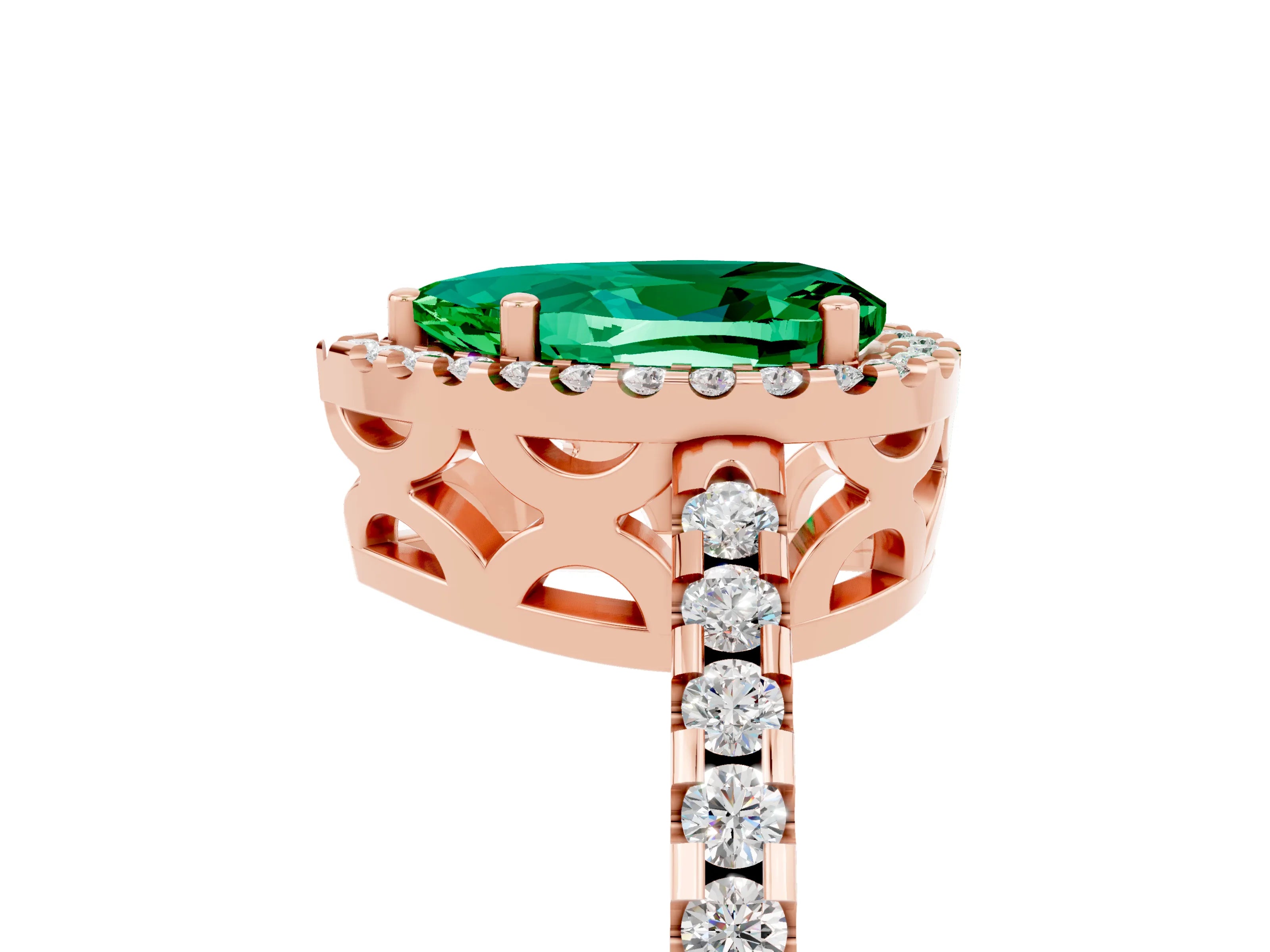 Rose gold Pear Cut Emerald Halo Engagement Ring with Pavé Band and Prong Setting_17