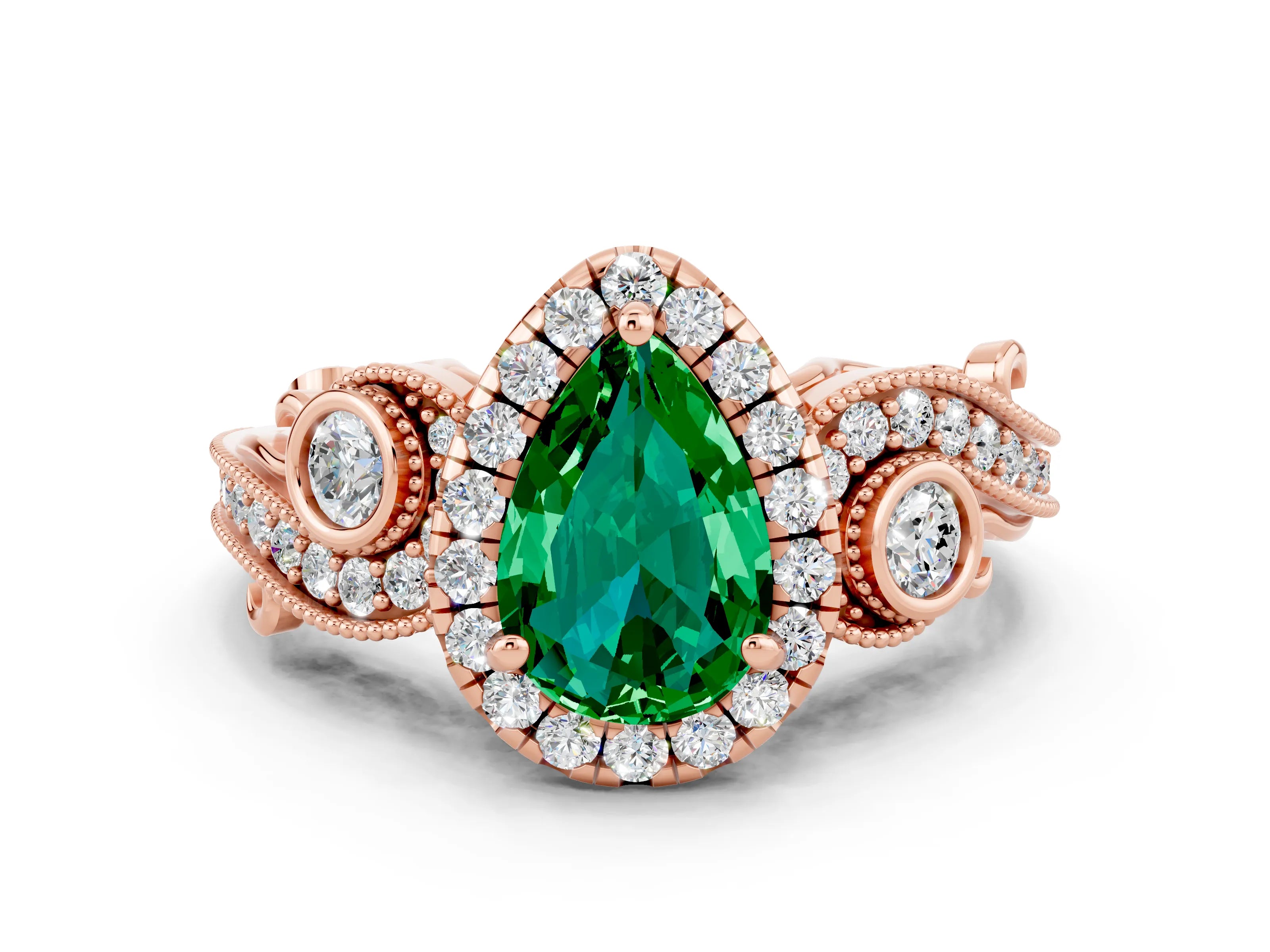 Rose gold Pear Cut Emerald Halo Ring with Milgrain Pavé Band and Four-Prong Setting_12