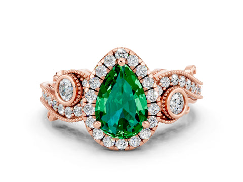 Rose gold Pear Cut Emerald Halo Ring with Milgrain Pavé Band and Four-Prong Setting_12