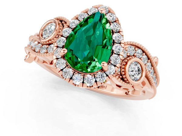 Rose gold Pear Cut Emerald Halo Ring with Milgrain Pavé Band and Four-Prong Setting