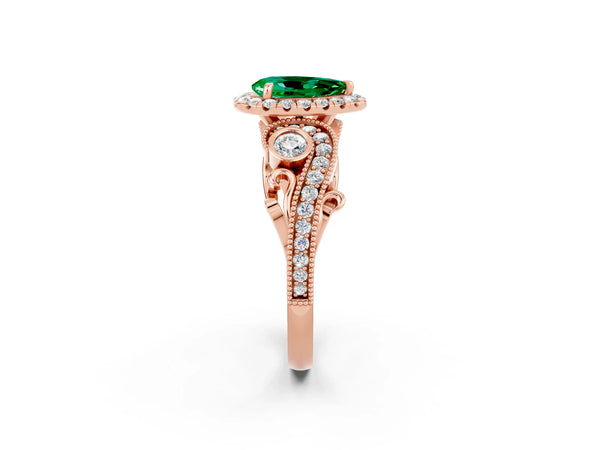 Rose gold Pear Cut Emerald Halo Ring with Milgrain Pavé Band and Four-Prong Setting
