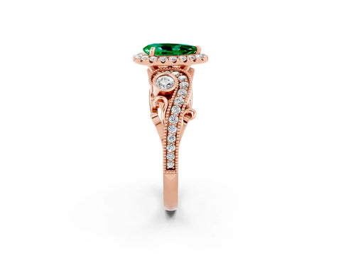 Rose gold Pear Cut Emerald Halo Ring with Milgrain Pavé Band and Four-Prong Setting_14