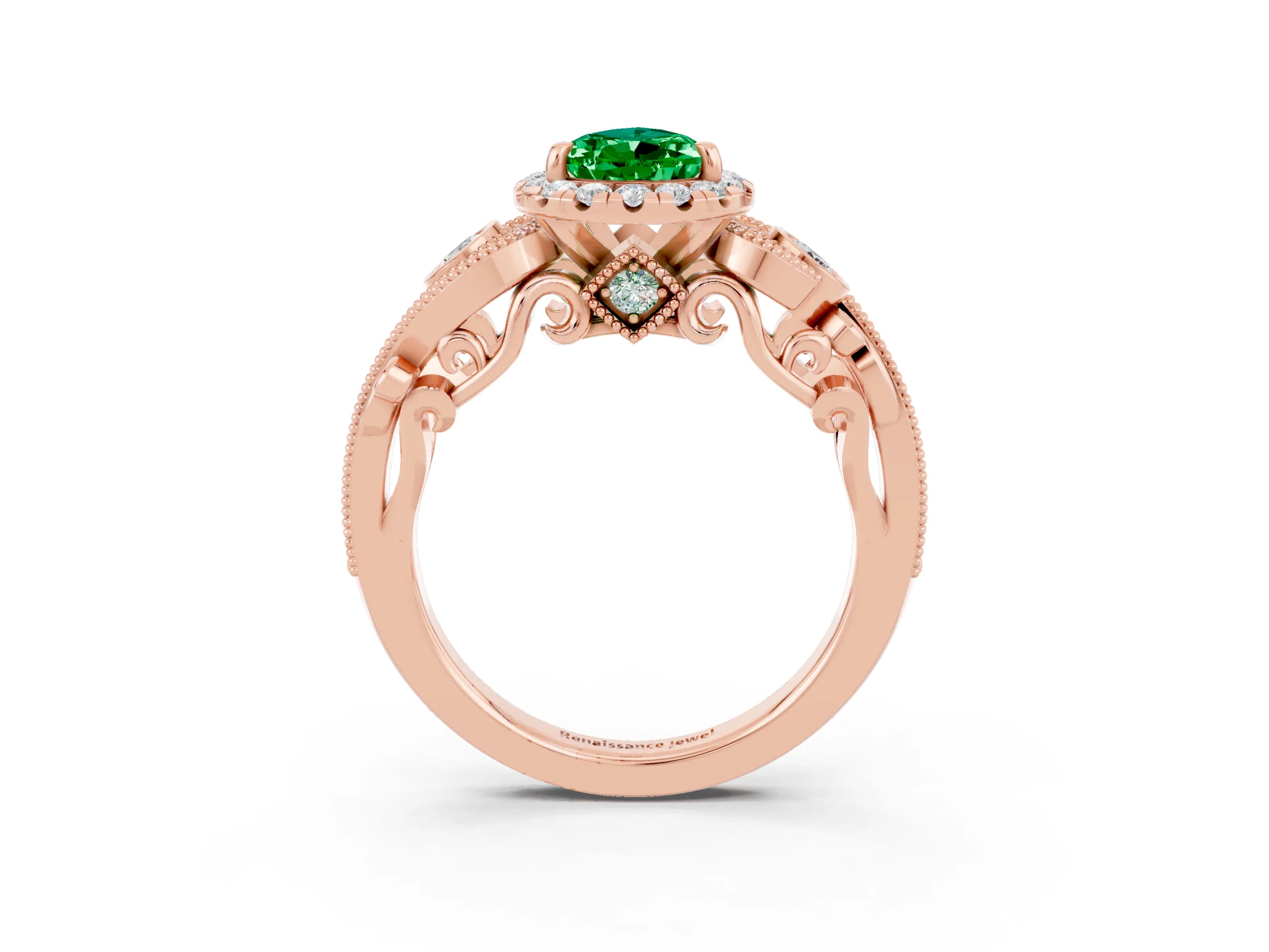 Rose gold Pear Cut Emerald Halo Ring with Milgrain Pavé Band and Four-Prong Setting_15