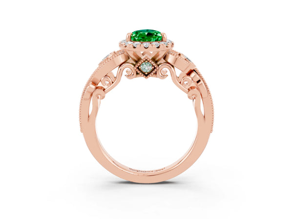 Rose gold Pear Cut Emerald Halo Ring with Milgrain Pavé Band and Four-Prong Setting