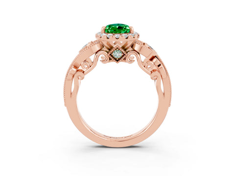 Rose gold Pear Cut Emerald Halo Ring with Milgrain Pavé Band and Four-Prong Setting_15