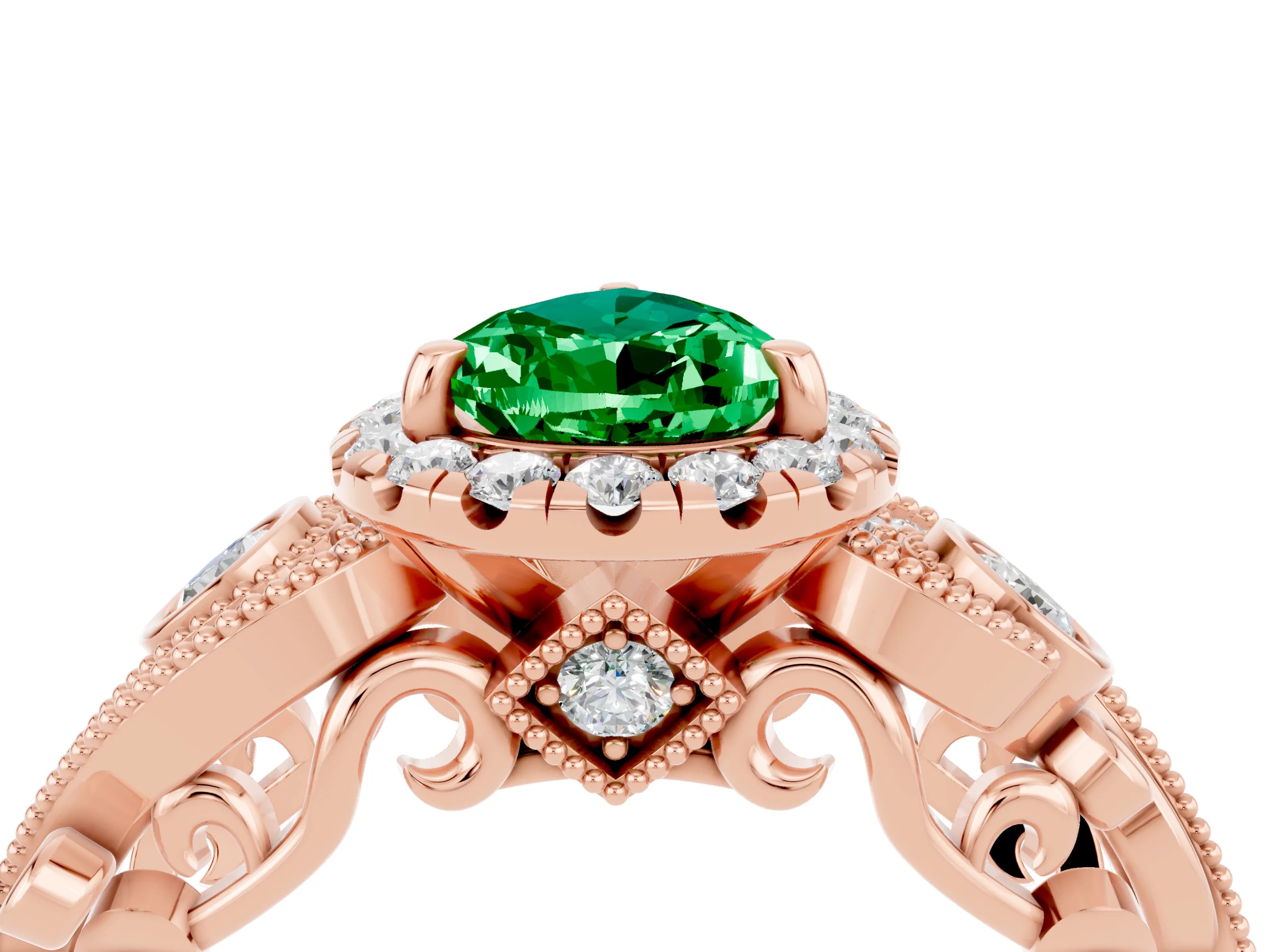Rose gold Pear Cut Emerald Halo Ring with Milgrain Pavé Band and Four-Prong Setting_16