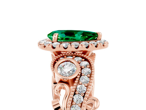 Rose gold Pear Cut Emerald Halo Ring with Milgrain Pavé Band and Four-Prong Setting_17