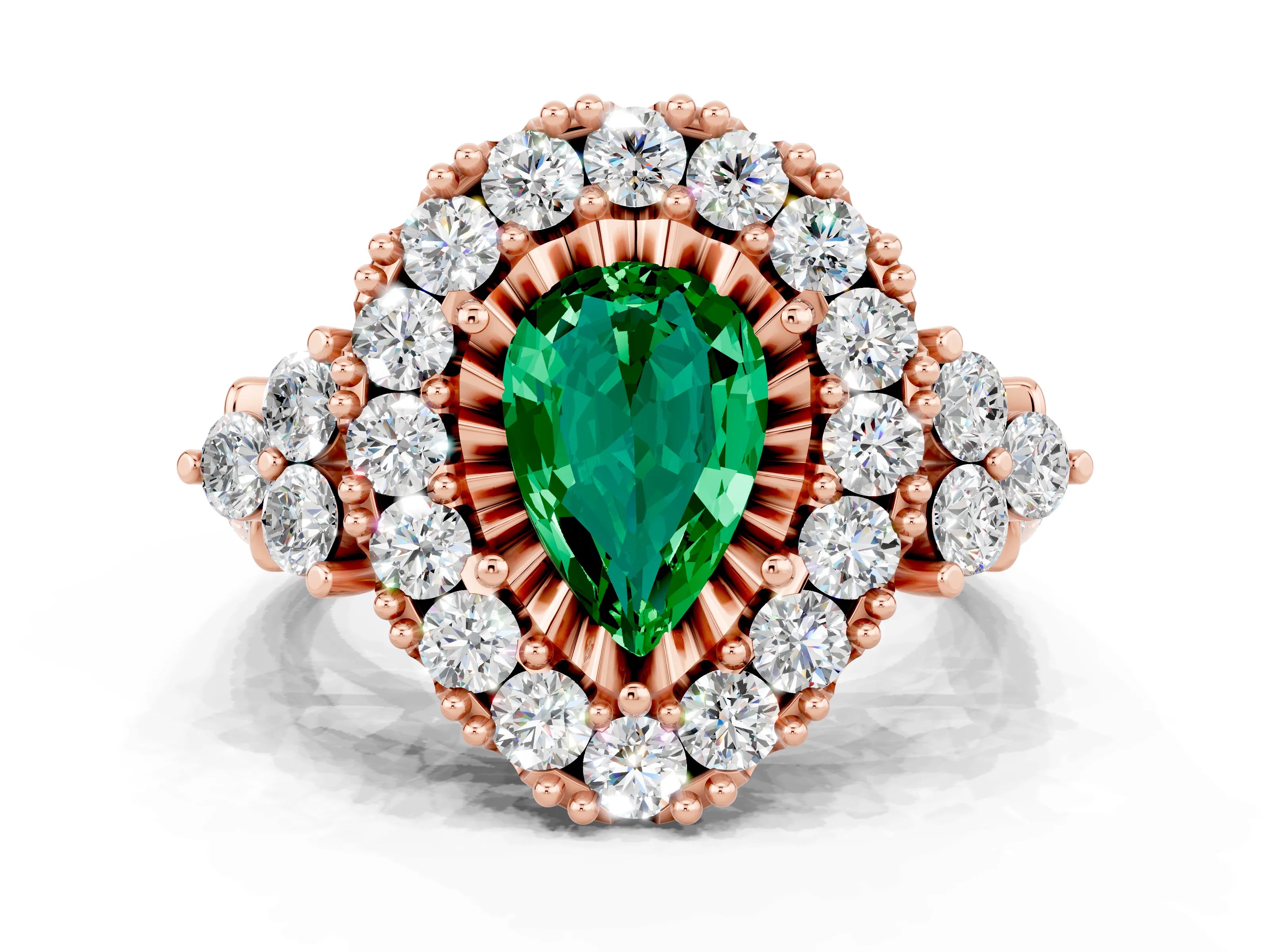 Rose gold Pear Cut Emerald Halo Ring with Pavé Band and Four-Prong Setting_12