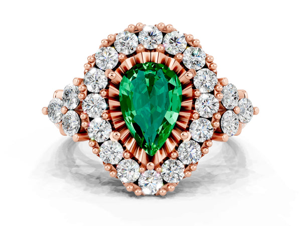 Rose gold Pear Cut Emerald Halo Ring with Pavé Band and Four-Prong Setting