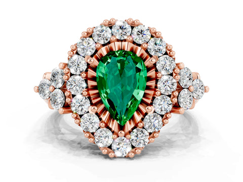 Rose gold Pear Cut Emerald Halo Ring with Pavé Band and Four-Prong Setting_12