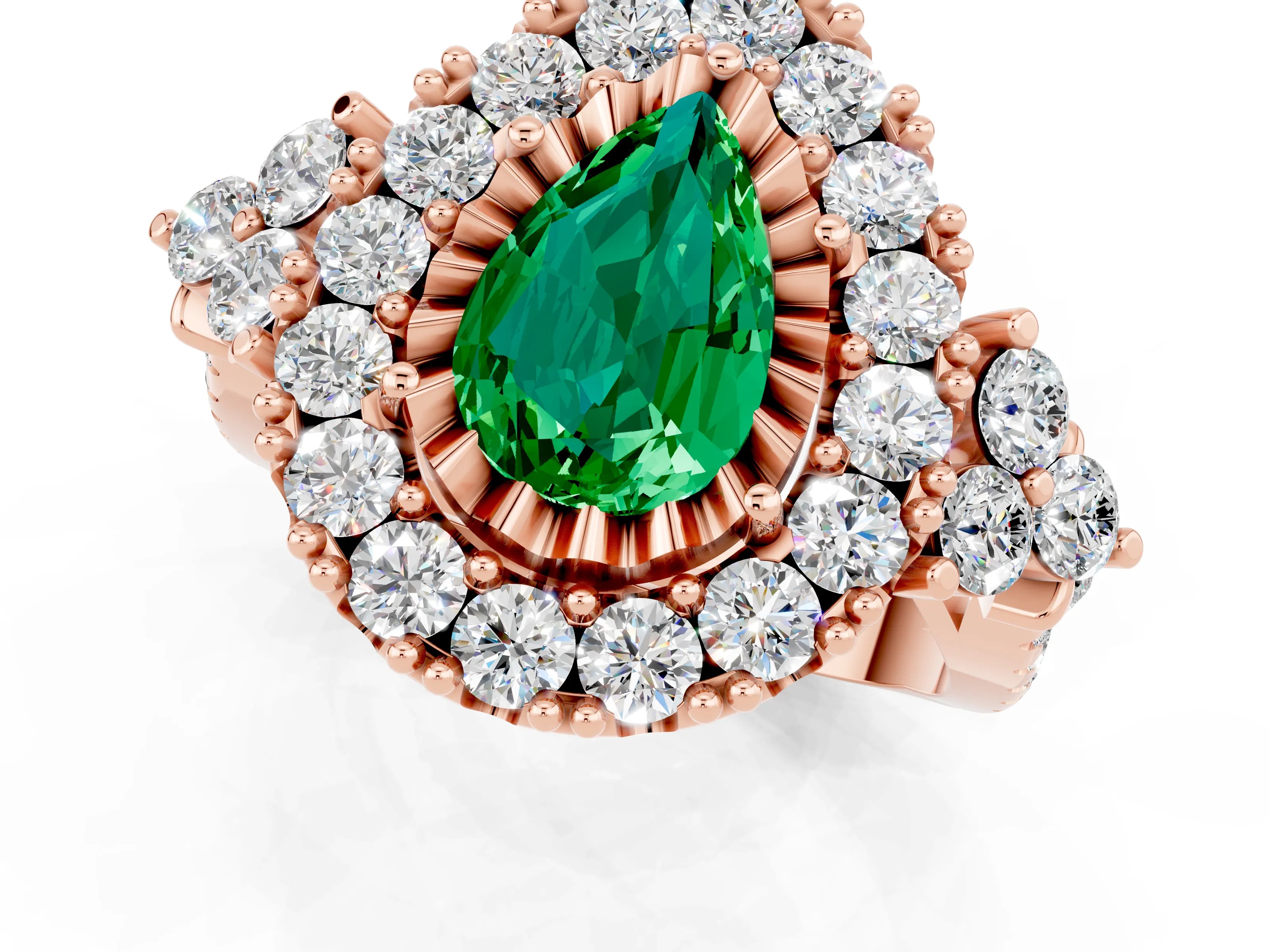 Rose gold Pear Cut Emerald Halo Ring with Pavé Band and Four-Prong Setting_13