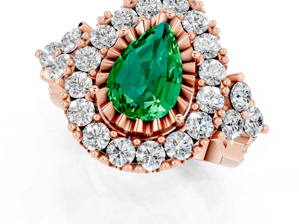 Rose gold Pear Cut Emerald Halo Ring with Pavé Band and Four-Prong Setting