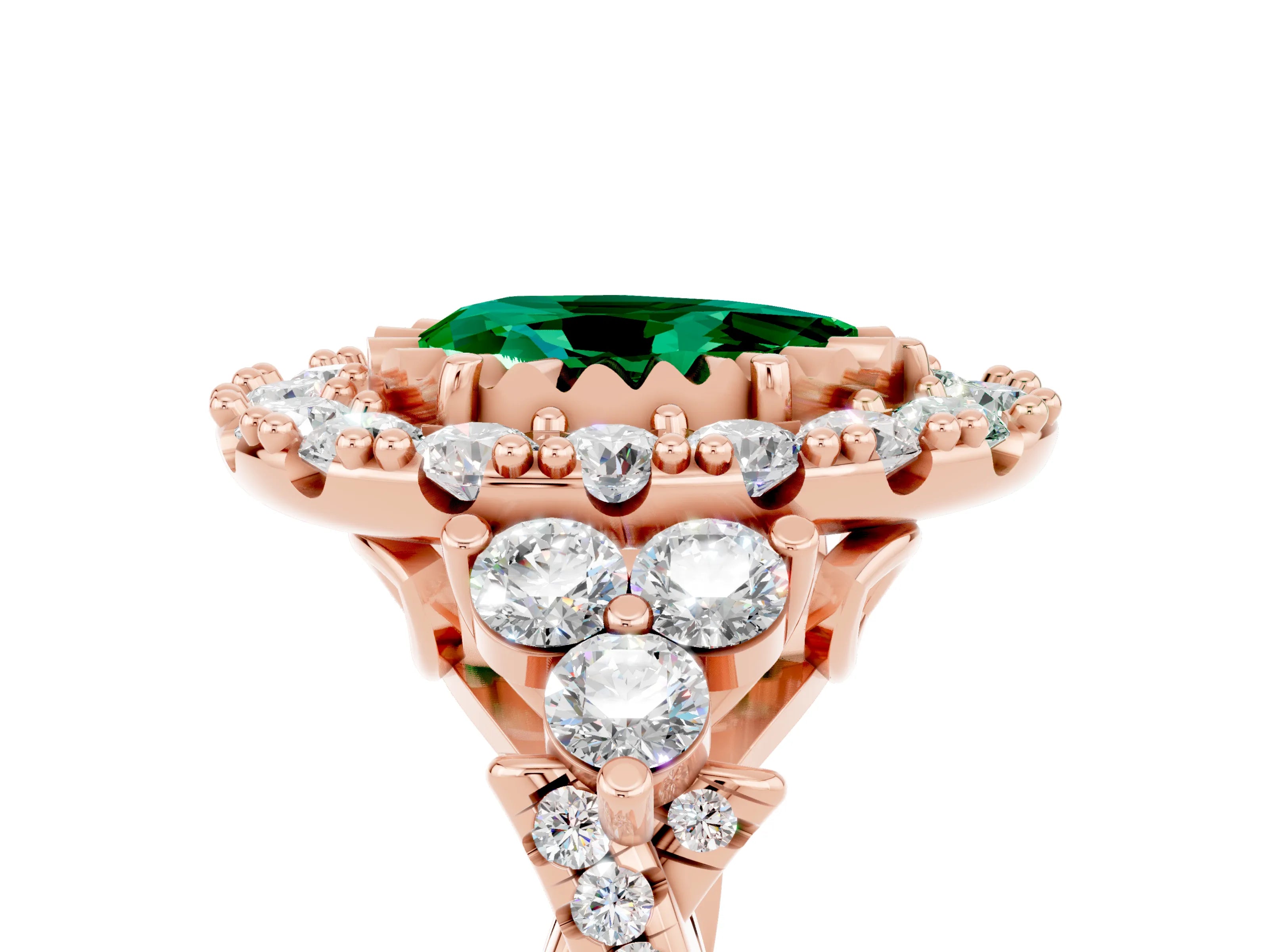 Rose gold Pear Cut Emerald Halo Ring with Pavé Band and Four-Prong Setting_17