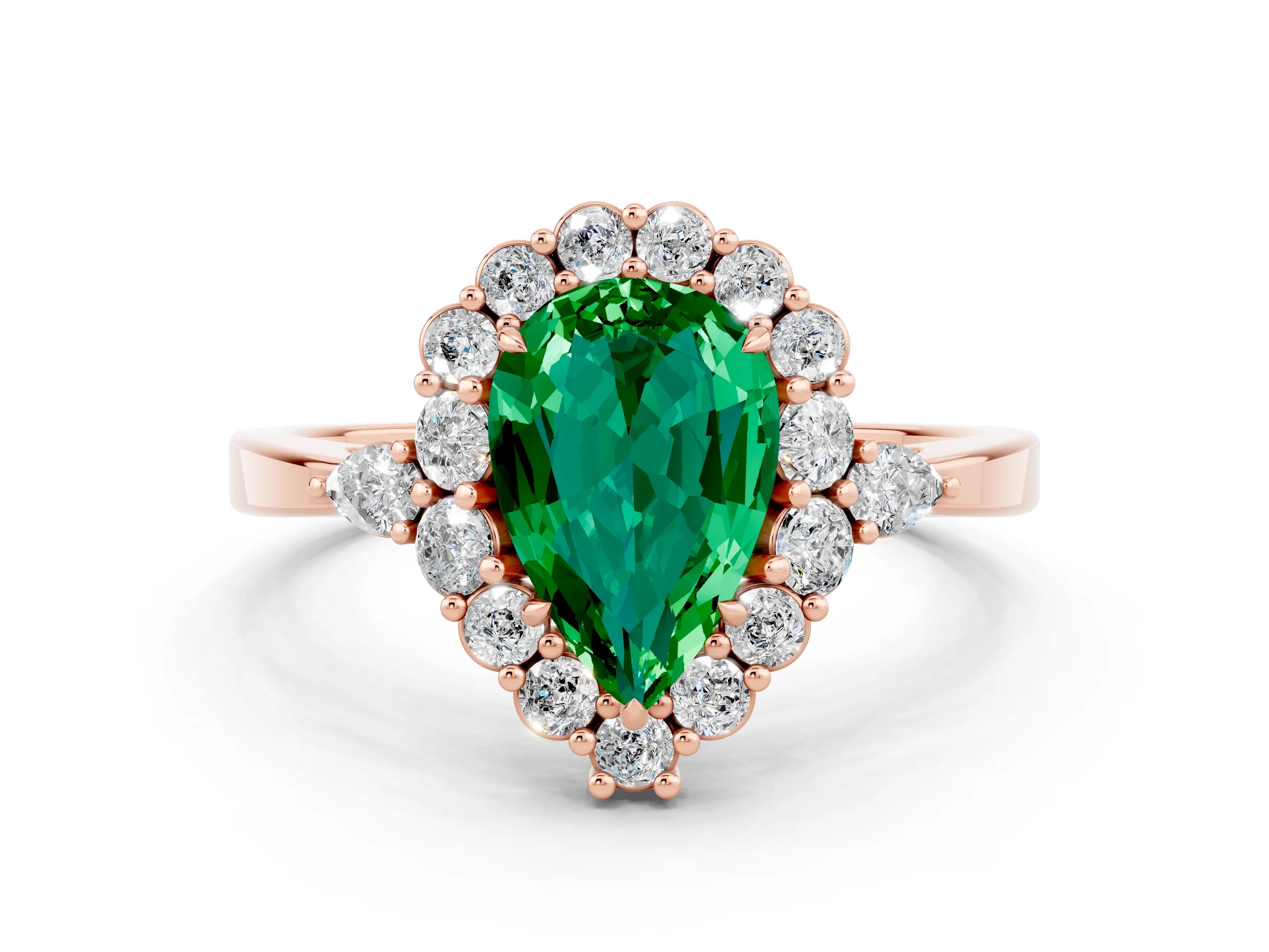 Rose gold Pear Cut Emerald Halo Ring with Pear Side Stones and Prong Setting_12