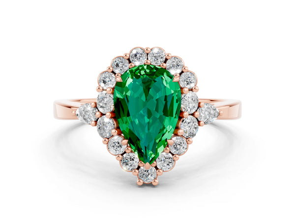 Rose gold Pear Cut Emerald Halo Ring with Pear Side Stones and Prong Setting