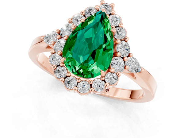 Rose gold Pear Cut Emerald Halo Ring with Pear Side Stones and Prong Setting