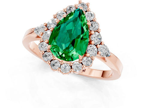 Rose gold Pear Cut Emerald Halo Ring with Pear Side Stones and Prong Setting_13
